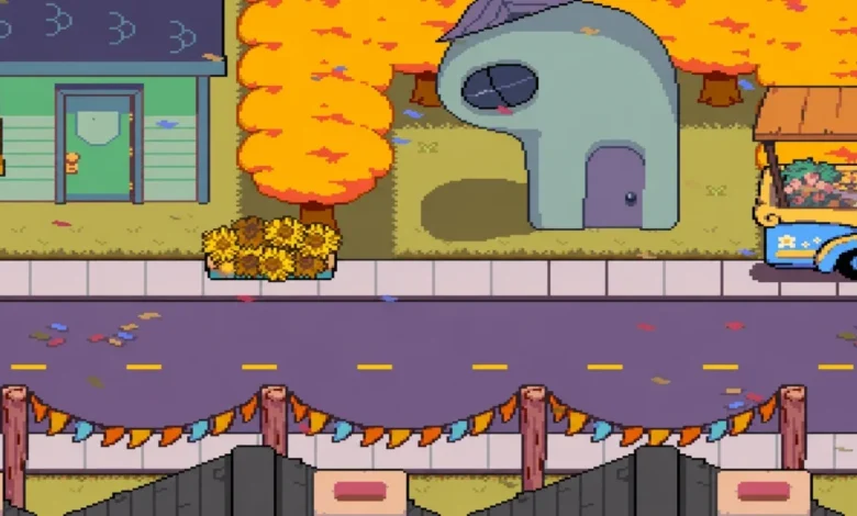 A pixel art street scene in autumn featuring orange trees, festive bunting, and a building shaped like an Among Us character.