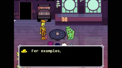 Pixel art scene from the game Undertale Yellow featuring a yellow cowboy monster speaking to a green-robed character in a dimly lit purple room.