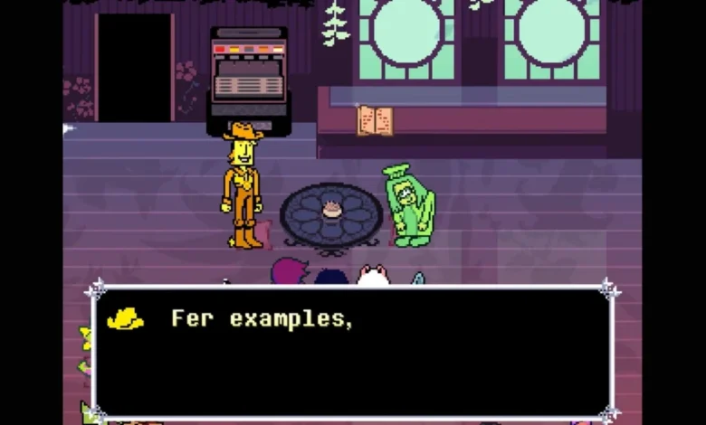 Pixel art scene from the game Undertale Yellow featuring a yellow cowboy monster speaking to a green-robed character in a dimly lit purple room.