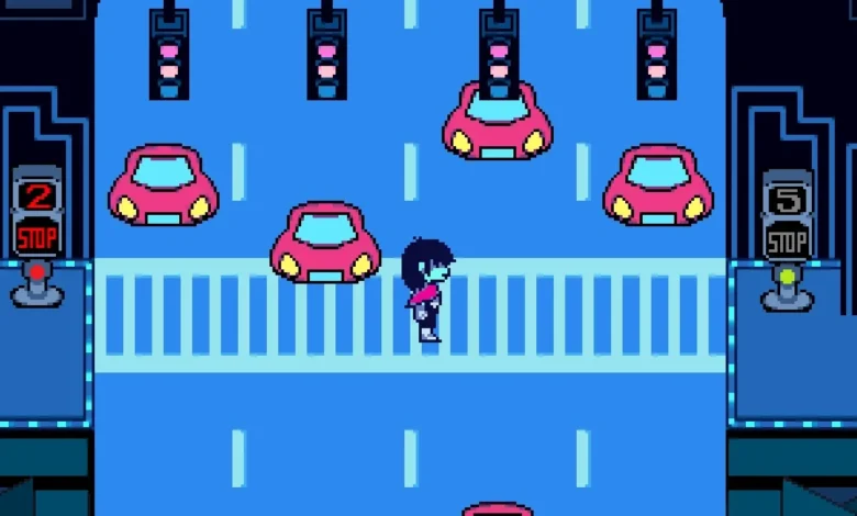 Kris from Deltarune stands in the middle of a pixelated blue crosswalk amidst small pink cars and traffic lights.
