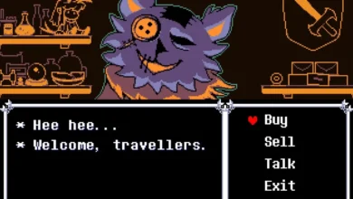Pixel art shop interface from the game Deltarune, featuring the merchant Seam greeting the player with a button-eyed smile.