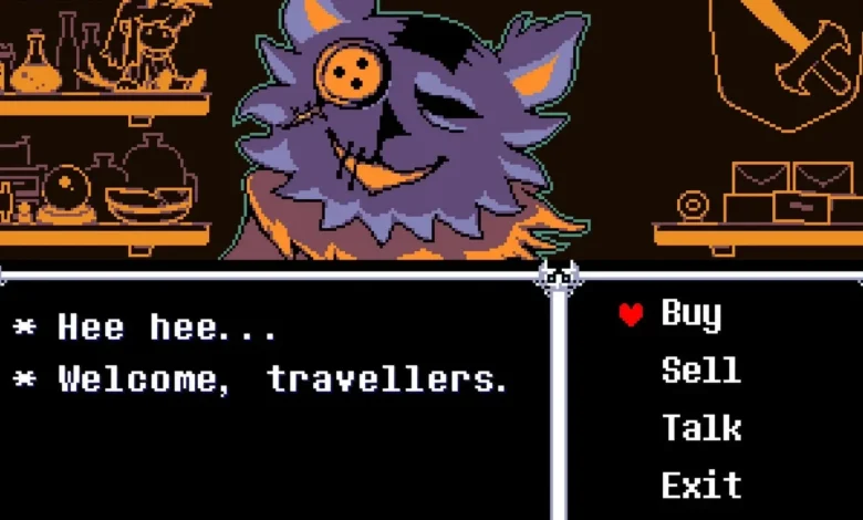 Pixel art shop interface from the game Deltarune, featuring the merchant Seam greeting the player with a button-eyed smile.