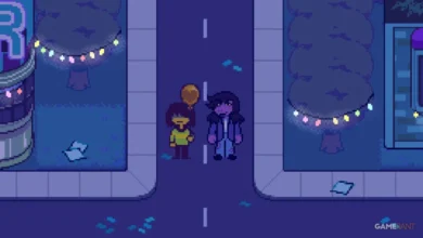 Pixel art characters Kris and Susie walk down a purple-lit street at night, with Kris holding a single yellow balloon.