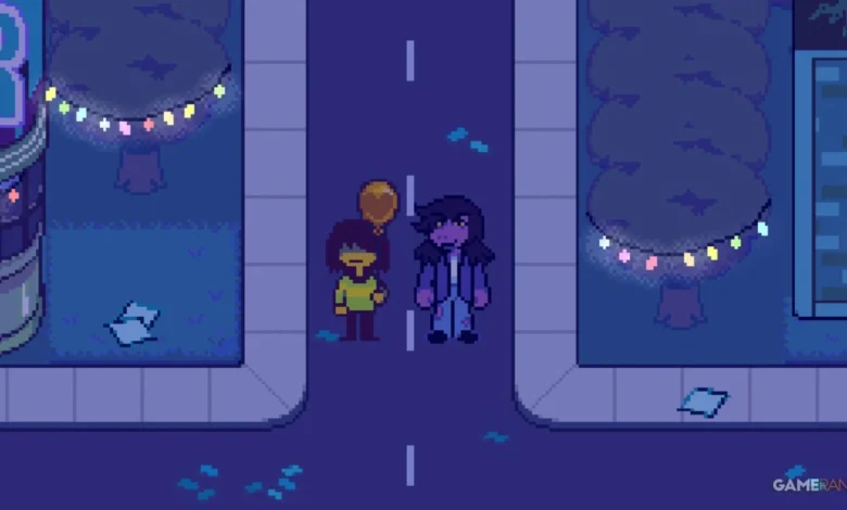 Pixel art characters Kris and Susie walk down a purple-lit street at night, with Kris holding a single yellow balloon.