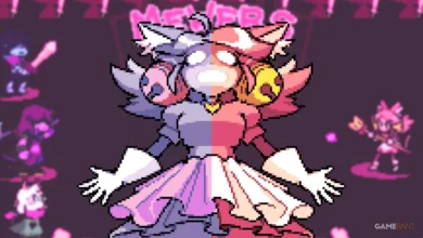 Pixel art illustration of a large, split-colored cat-like boss with glowing eyes standing in the center of a video game battle scene.