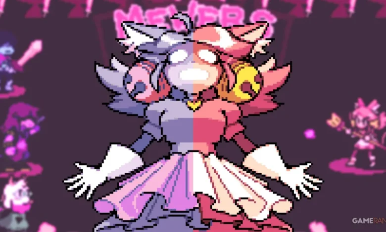 Pixel art illustration of a large, split-colored cat-like boss with glowing eyes standing in the center of a video game battle scene.