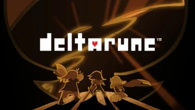 The video game title "deltarune" is centered above silhouetted characters Kris, Susie, and Ralsei as they look toward a glowing orange light.
