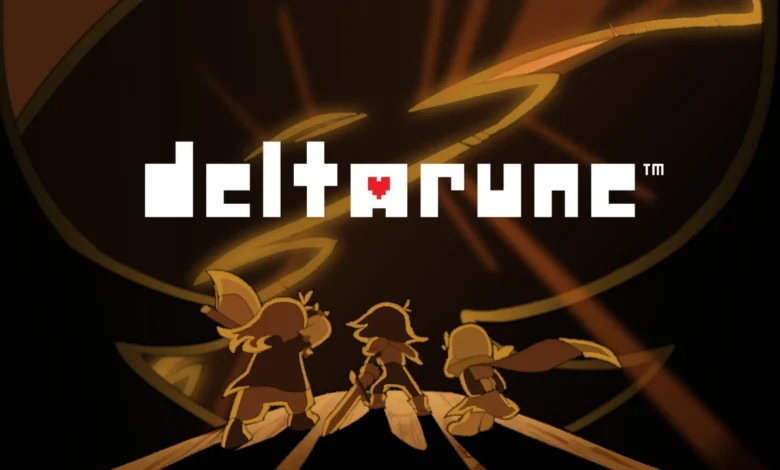 The video game title "deltarune" is centered above silhouetted characters Kris, Susie, and Ralsei as they look toward a glowing orange light.
