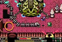 A small green hero battles a massive, multi-eyed brain boss in a retro pixel-art action game.