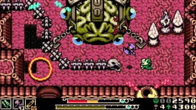 A small green hero battles a massive, multi-eyed brain boss in a retro pixel-art action game.