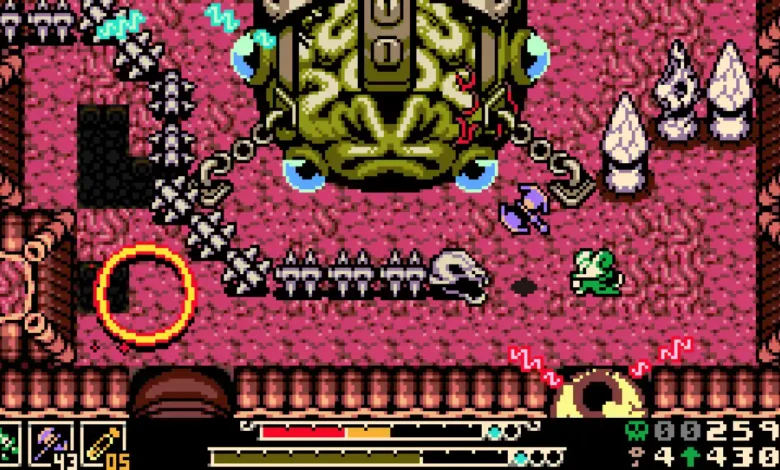 A small green hero battles a massive, multi-eyed brain boss in a retro pixel-art action game.