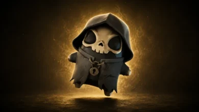 A cute, hooded grim reaper character with a skull face and a golden lock, floating against a glowing golden aura.