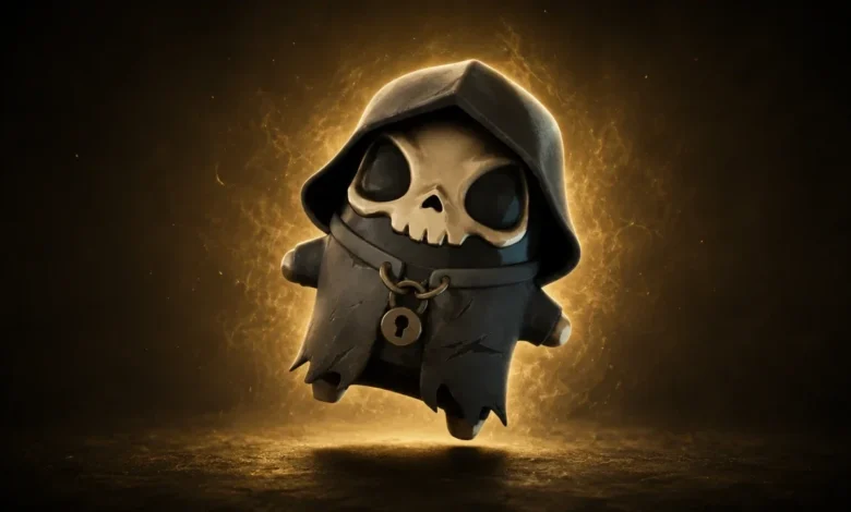 A cute, hooded grim reaper character with a skull face and a golden lock, floating against a glowing golden aura.