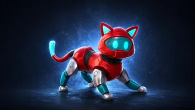 A futuristic red and silver robotic cat with glowing blue accents stands alert against a dark, textured blue background.