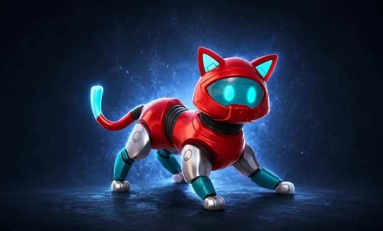 A futuristic red and silver robotic cat with glowing blue accents stands alert against a dark, textured blue background.