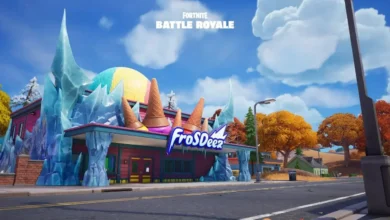A vibrant ice cream shop named "FroSDeez" in the game Fortnite Battle Royale, decorated with massive ice shards and giant ice cream cones on its roof.