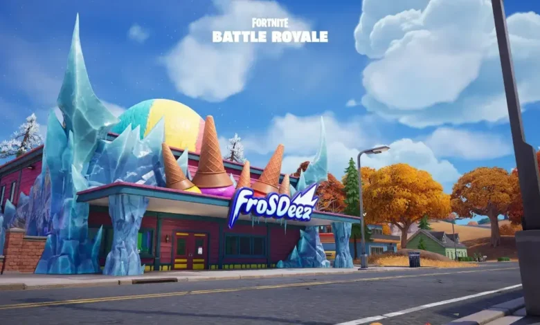 A vibrant ice cream shop named "FroSDeez" in the game Fortnite Battle Royale, decorated with massive ice shards and giant ice cream cones on its roof.
