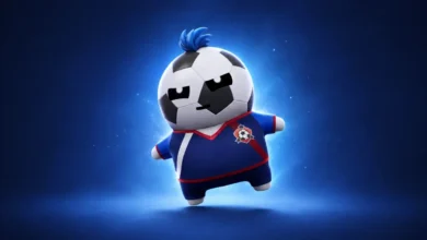 A stylized 3D soccer mascot with a soccer ball head and blue mohawk, wearing a blue jersey against a glowing blue background.