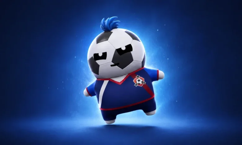 A stylized 3D soccer mascot with a soccer ball head and blue mohawk, wearing a blue jersey against a glowing blue background.