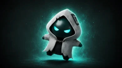 A small, mysterious figure with glowing cyan eyes wearing a white hooded cloak, surrounded by a swirling teal mist.