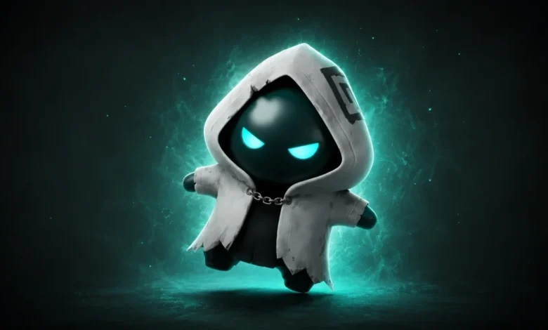 A small, mysterious figure with glowing cyan eyes wearing a white hooded cloak, surrounded by a swirling teal mist.