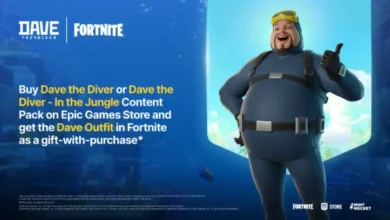 Promotional graphic for the Dave the Diver and Fortnite collaboration, featuring the character Dave in a blue wetsuit giving a thumbs up against an underwater background.
