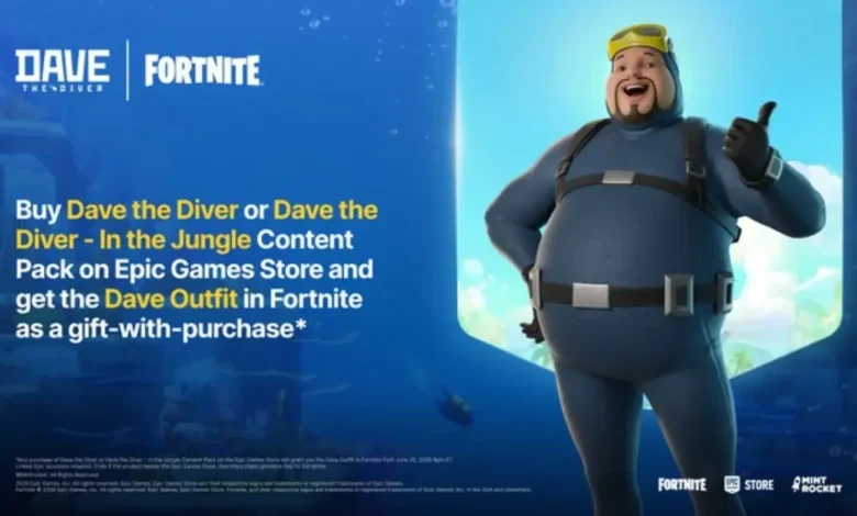 Promotional graphic for the Dave the Diver and Fortnite collaboration, featuring the character Dave in a blue wetsuit giving a thumbs up against an underwater background.