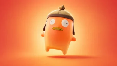 A small, 3D orange bean-shaped character with fish-like features and a brown cap, floating against an orange gradient background.