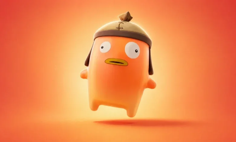 A small, 3D orange bean-shaped character with fish-like features and a brown cap, floating against an orange gradient background.