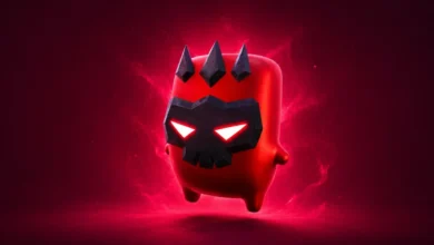 A small red character wearing a black skull mask and crown, floating against a smoky red background.