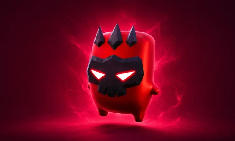 A small red character wearing a black skull mask and crown, floating against a smoky red background.