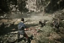 Two warriors prepare to battle a small dinosaur in a rocky, sun-drenched forest clearing.