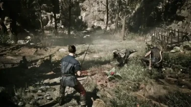 Two warriors prepare to battle a small dinosaur in a rocky, sun-drenched forest clearing.