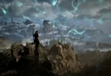 An archer overlooks a vast, misty mountain range beneath a sky filled with ethereal blue light trails.