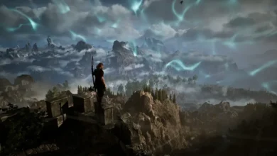 An archer overlooks a vast, misty mountain range beneath a sky filled with ethereal blue light trails.