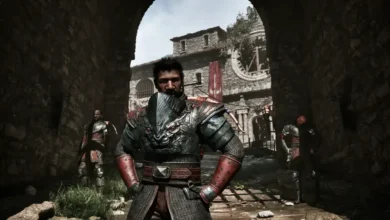 A warrior in ornate, beast-themed plate armor stands under a stone archway in a medieval fortress.