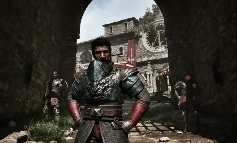 A warrior in ornate, beast-themed plate armor stands under a stone archway in a medieval fortress.
