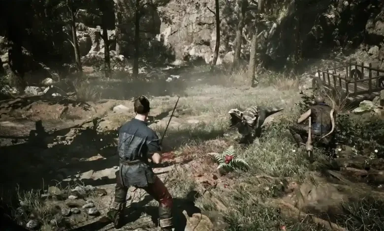 Two warriors in a rocky forest clearing prepare to battle a dinosaur-like creature.