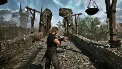 A warrior in dark clothing stands on a stone bridge leading toward a fortified castle in a dramatic fantasy landscape with snow-capped mountains and a mystical sky.