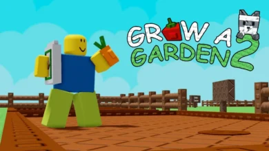 A classic Roblox character stands in a garden holding a carrot next to the title "GROW A GARDEN 2."