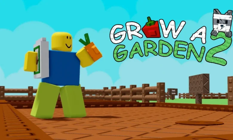 A classic Roblox character stands in a garden holding a carrot next to the title "GROW A GARDEN 2."