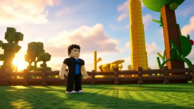 A Roblox character stands in a blocky, sunlit landscape featuring a wooden fence, tall yellow tower, and blocky trees under a bright sky.