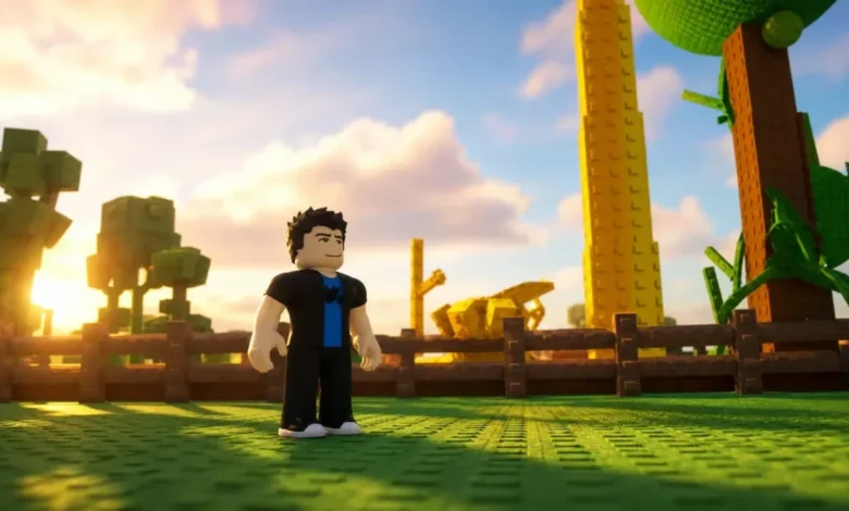 A Roblox character stands in a blocky, sunlit landscape featuring a wooden fence, tall yellow tower, and blocky trees under a bright sky.