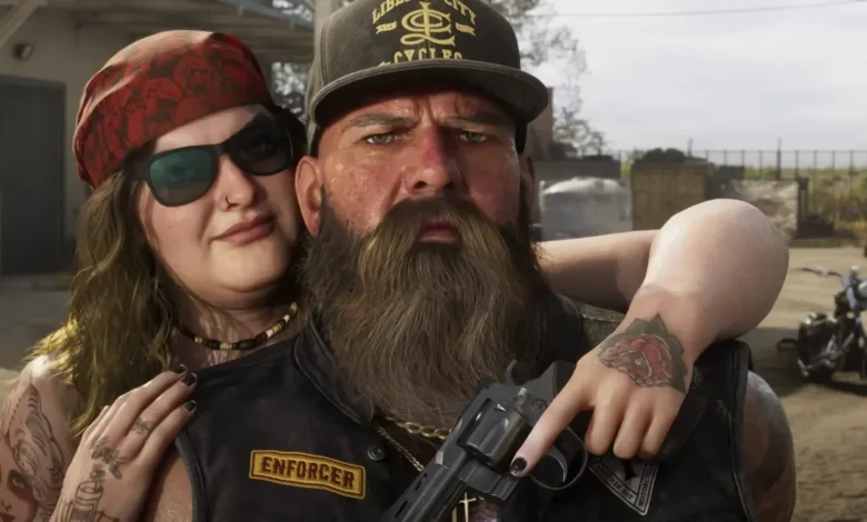 A gritty close-up of a biker couple featuring a bearded man in an "Enforcer" vest holding a revolver while a woman in a red bandana hugs him from behind.