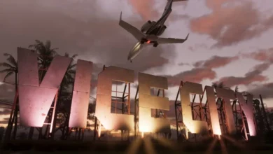 A private jet flies over a large, illuminated "VICE CITY" sign at sunset.