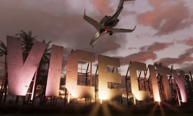A private jet flies over a large, illuminated "VICE CITY" sign at sunset.