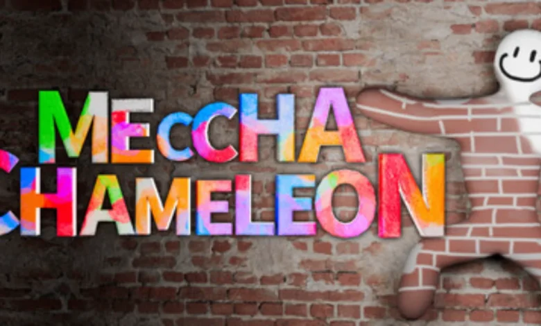 Colorful 3D text reading "MECCHA CHAMELEON" is displayed against a red brick wall next to a smiley character camouflaged into the background.