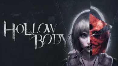 Promotional artwork for the horror game "Hollow Body" depicting a young woman's face seen through cracked glass, with a distorted red mask visible in one of the shards.
