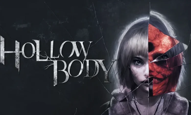 Promotional artwork for the horror game "Hollow Body" depicting a young woman's face seen through cracked glass, with a distorted red mask visible in one of the shards.