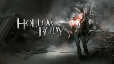 Promotional artwork for the horror game Hollow Body, depicting a survivor surrounded by ghastly, ethereal figures in a dark and smoky environment.